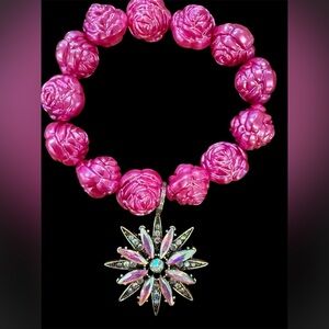 Pink rosette stretch bracelet with bling